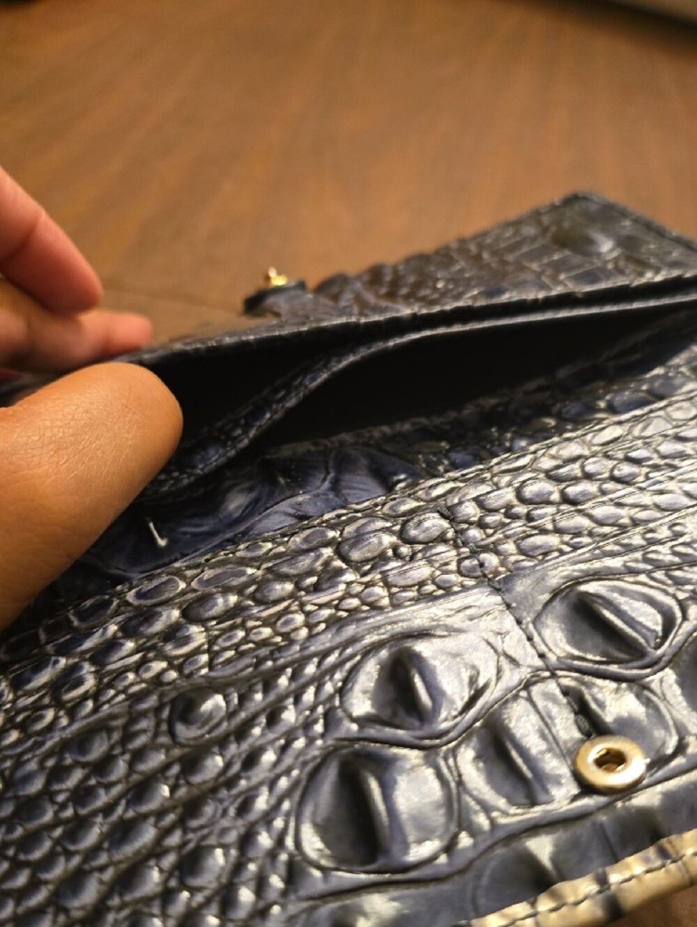 Brahmin Metallic Gray And Blue Croc-Embossed Wallet with Gold Plate - Picture 12 of 16